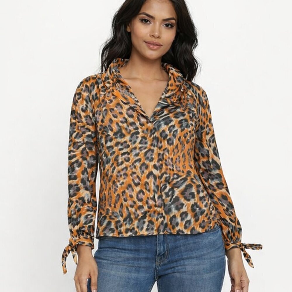 Topshop Animal Print Button-Down Blouse Orange size 4 Tall